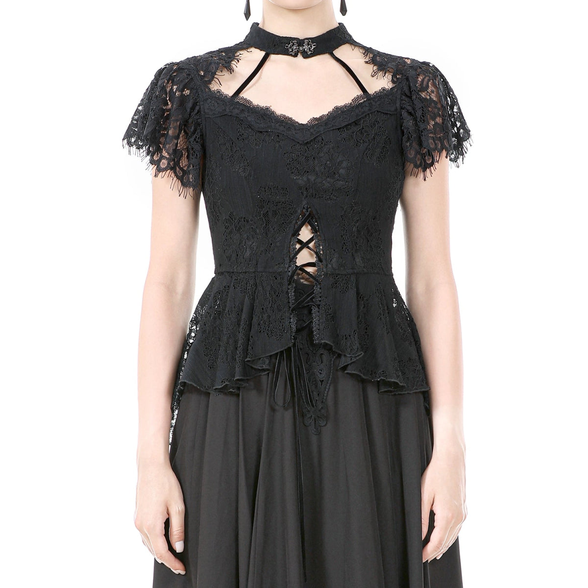 Top GĂłtico Con Cruzados y Encaje Floral Negro - Crazyinlove