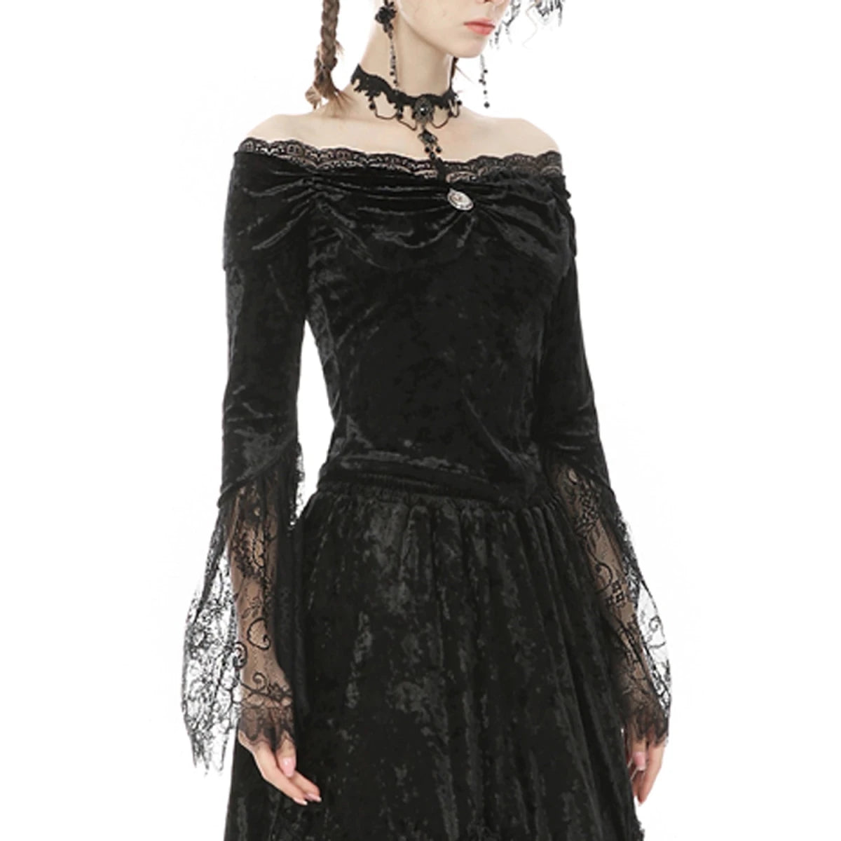 Top Gótico de Terciopelo con Hombros Descubiertos y Encaje - Crazyinlove