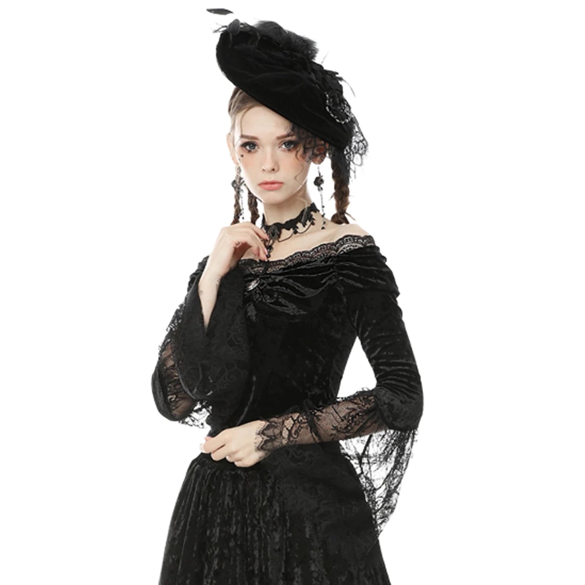 Top Gótico de Terciopelo con Hombros Descubiertos y Encaje - Crazyinlove