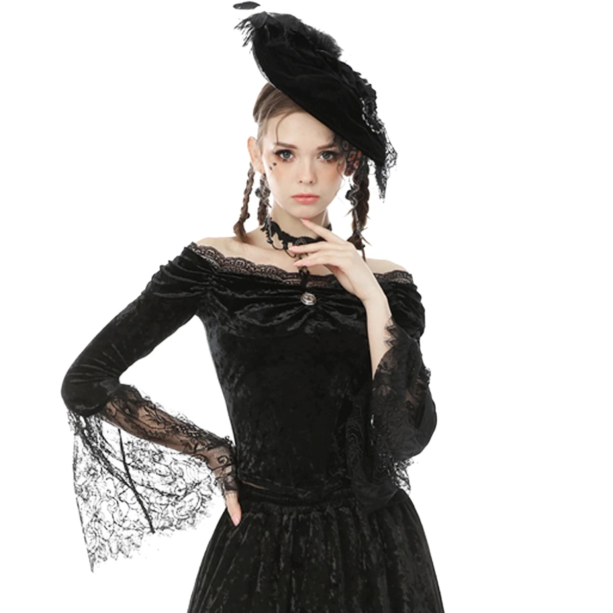 Top Gótico de Terciopelo con Hombros Descubiertos y Encaje - Crazyinlove