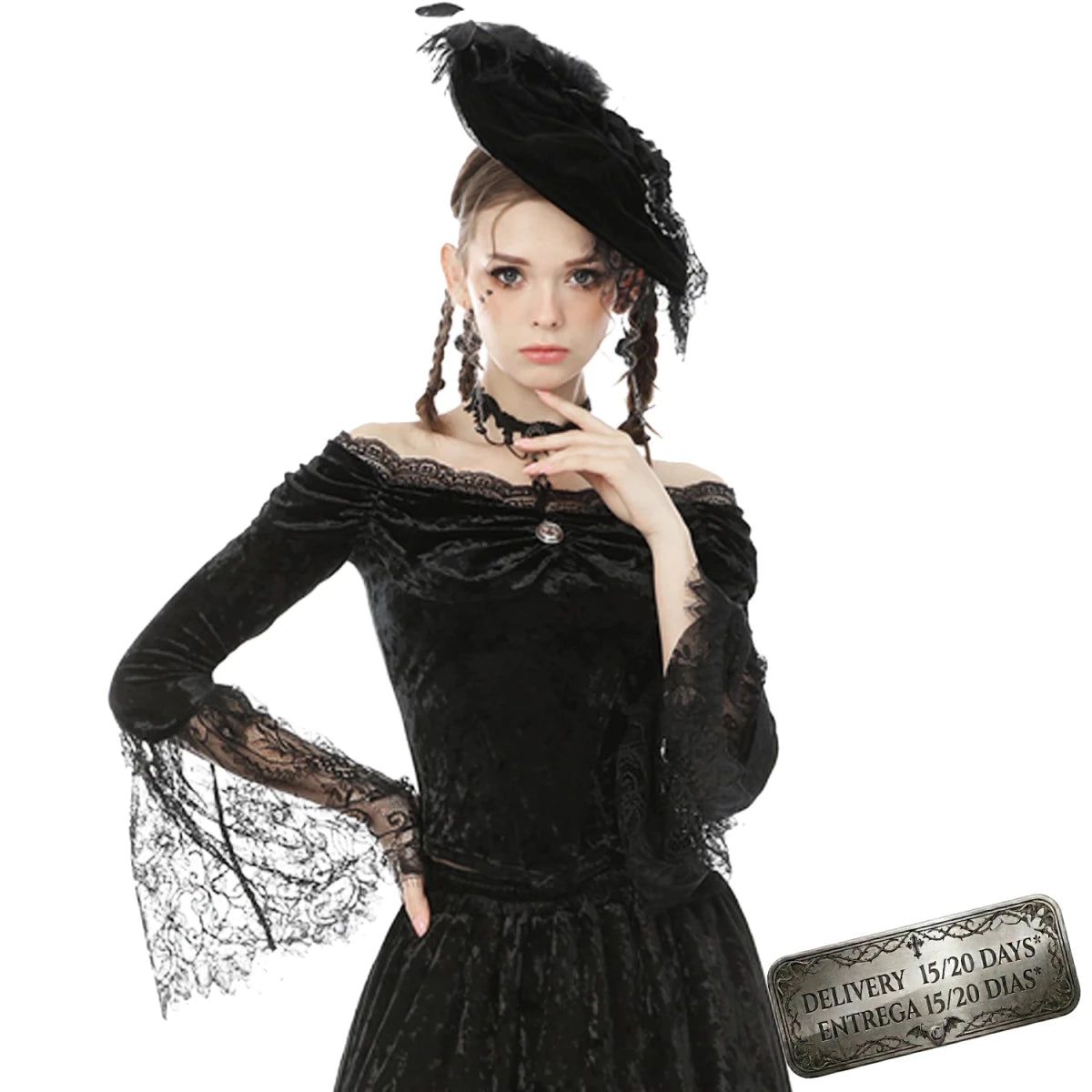 Top Gótico de Terciopelo con Hombros Descubiertos y Encaje - Crazyinlove