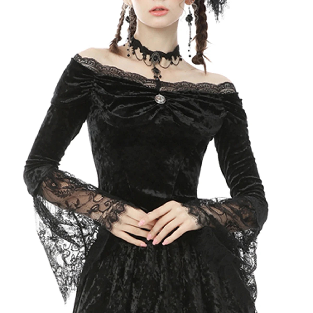 Top Gótico de Terciopelo con Hombros Descubiertos y Encaje - Crazyinlove