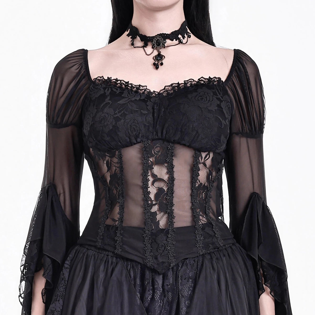 Top Gótico Victoriano de Encaje con Mangas Campana y Cintura de Tul - Crazyinlove