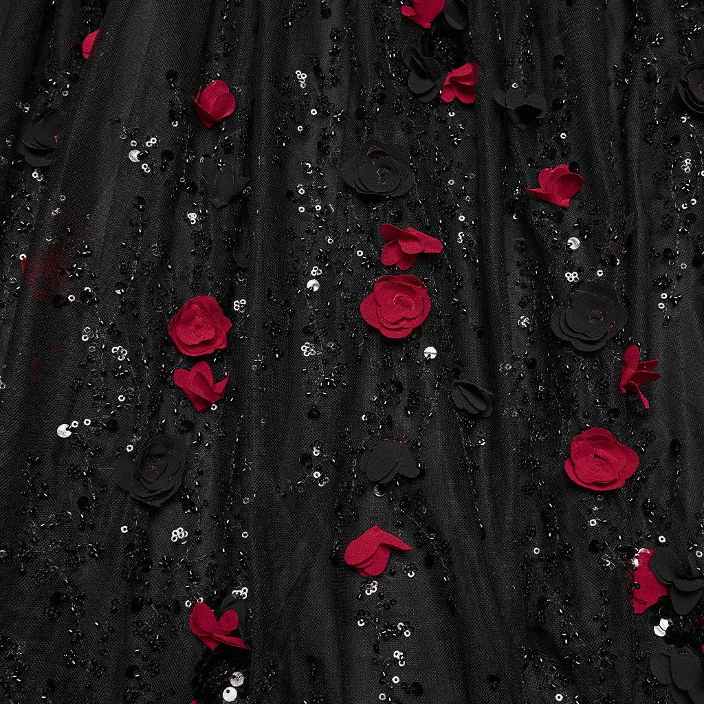 Traje de Gala Largo Negro con Flores Rojas y Mangas Abullonadas - Crazyinlove