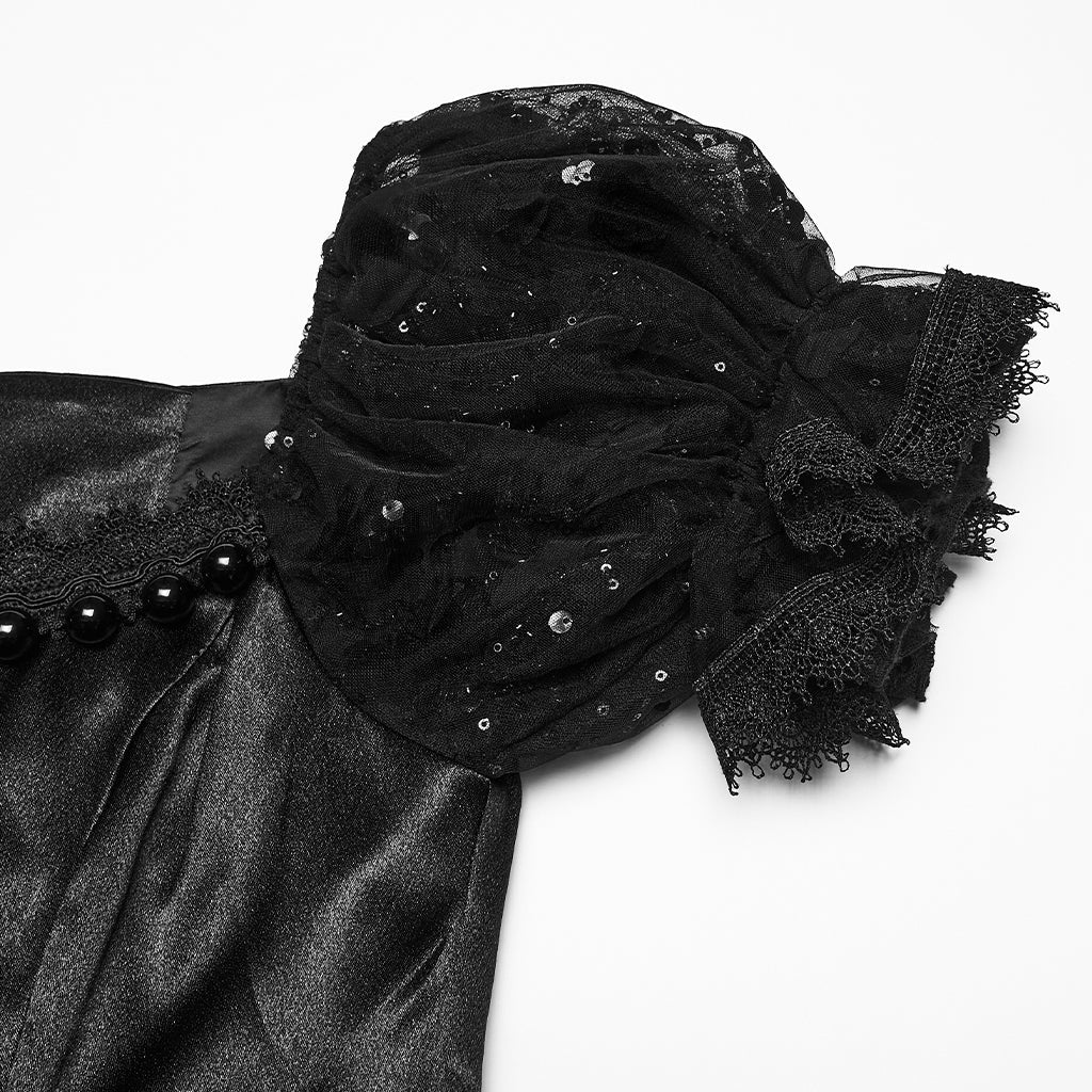 Traje de Gala Largo Negro de Satén con Flores y Tul Brillante - Crazyinlove