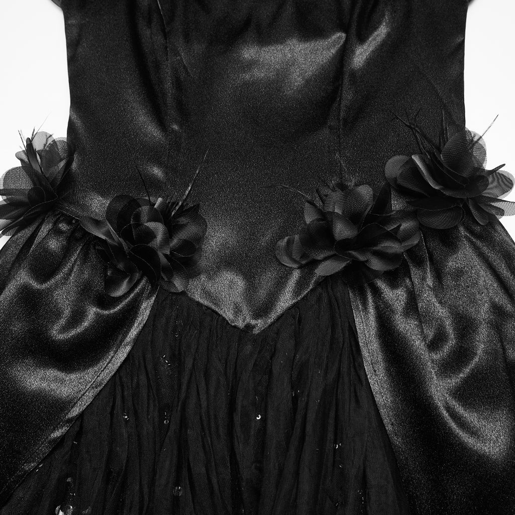 Traje de Gala Largo Negro de Satén con Flores y Tul Brillante - Crazyinlove