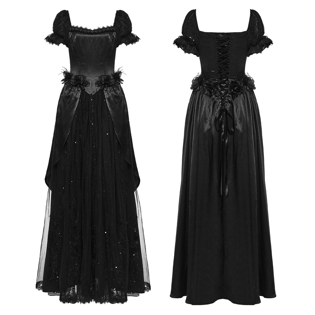 Traje de Gala Largo Negro de Satén con Flores y Tul Brillante - Crazyinlove