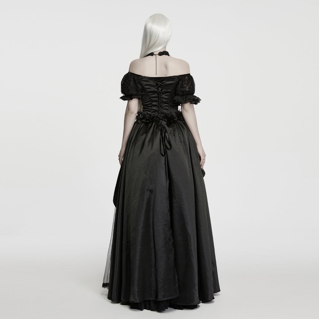 Traje de Gala Largo Negro de Satén con Flores y Tul Brillante - Crazyinlove