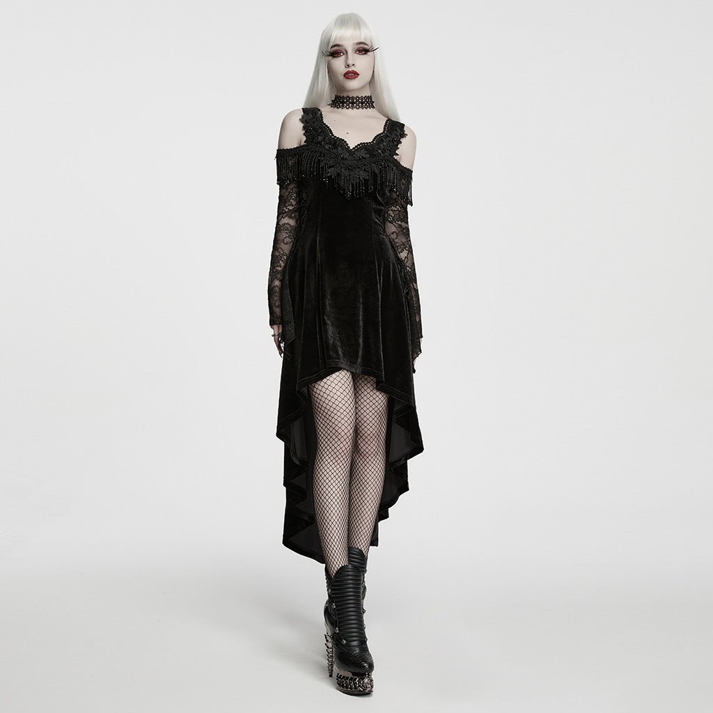 Traje de Terciopelo Negro Asimétrico con Hombros Descubiertos y Encaje - Crazyinlove