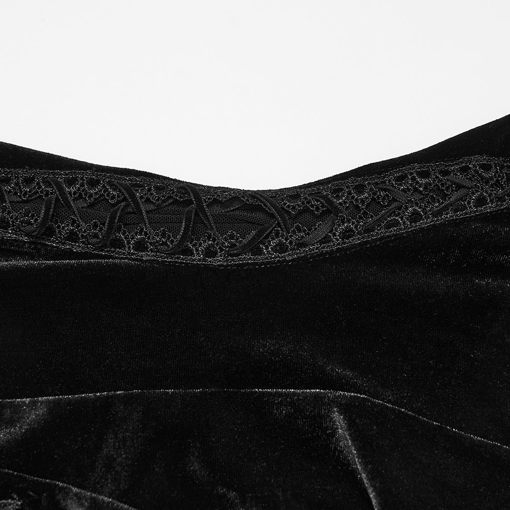 Traje de Terciopelo Negro Asimétrico con Hombros Descubiertos y Encaje - Crazyinlove