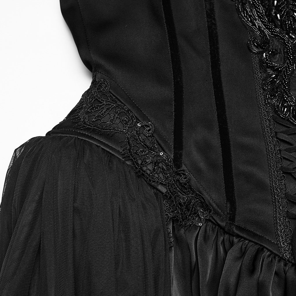 Traje Largo Victoriano Negro de Satén y Tul con Cadenas de Cuentas - Crazyinlove