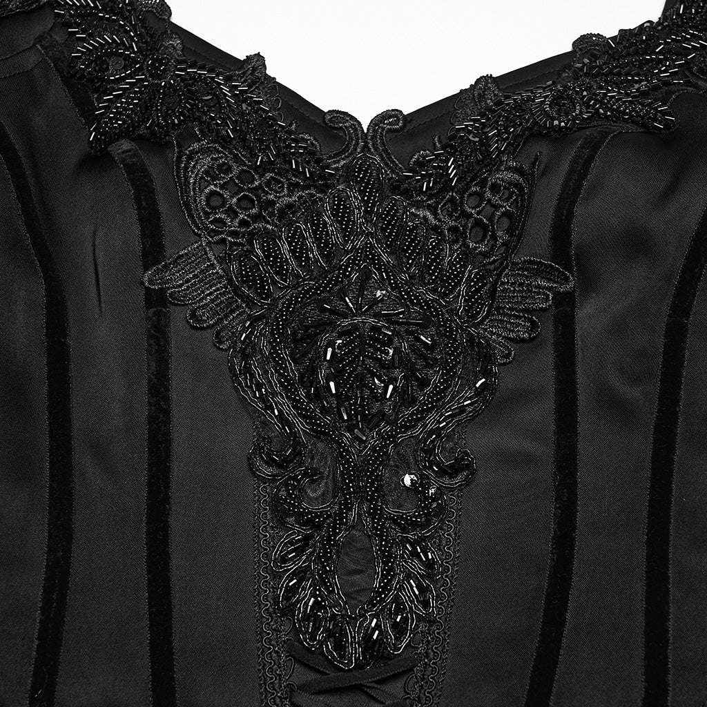 Traje Largo Victoriano Negro de Satén y Tul con Cadenas de Cuentas - Crazyinlove
