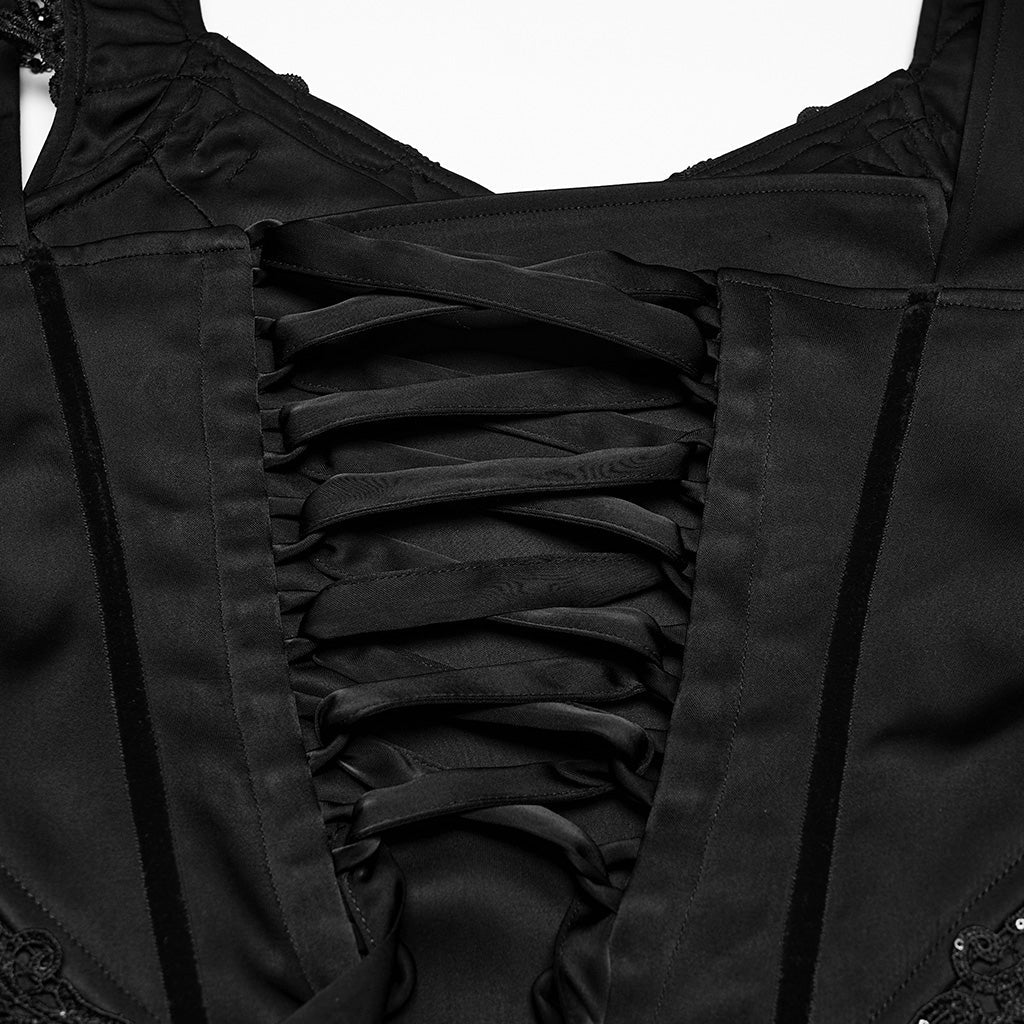 Traje Largo Victoriano Negro de Satén y Tul con Cadenas de Cuentas - Crazyinlove