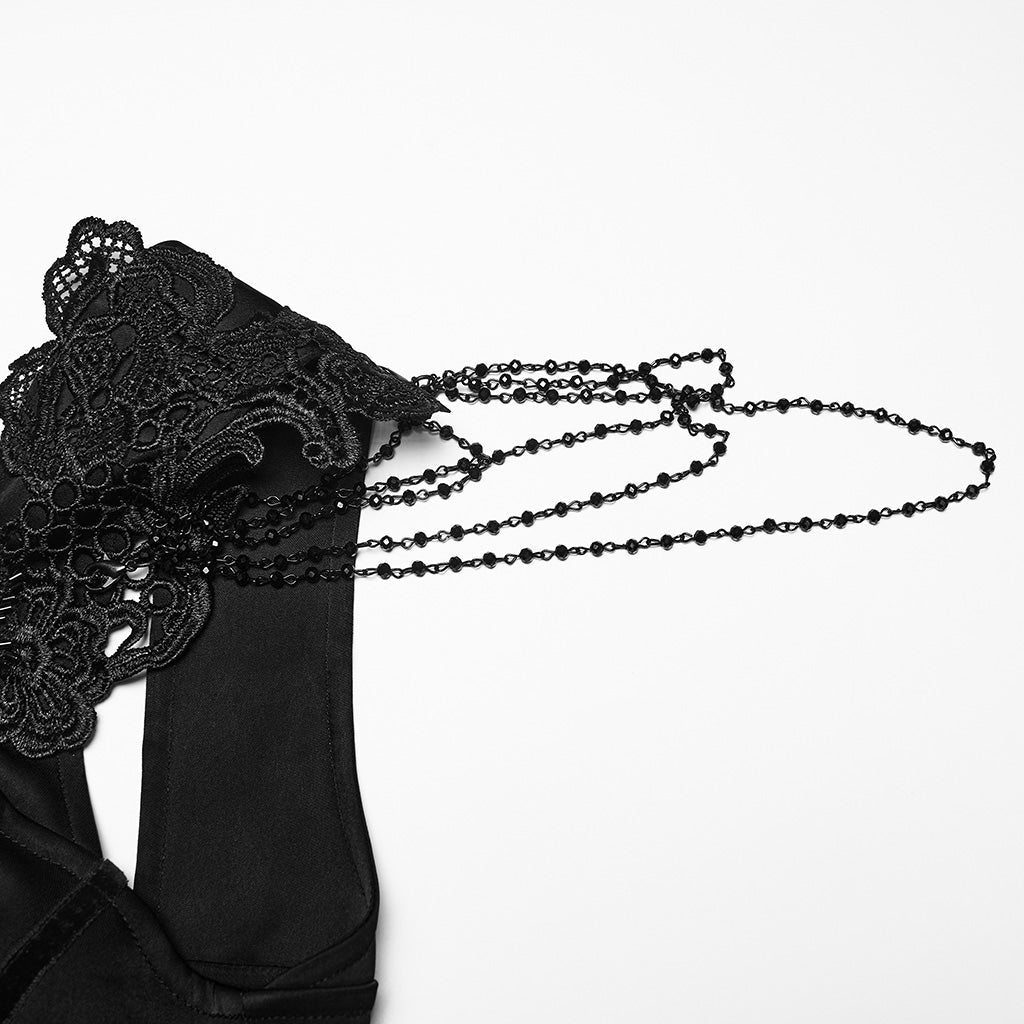 Traje Largo Victoriano Negro de Satén y Tul con Cadenas de Cuentas - Crazyinlove