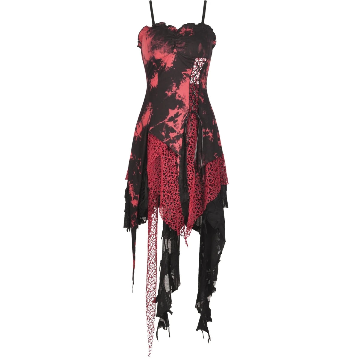 Vestido Asimétrico Tie-Dye Rojo con Red Calada - Crazyinlove