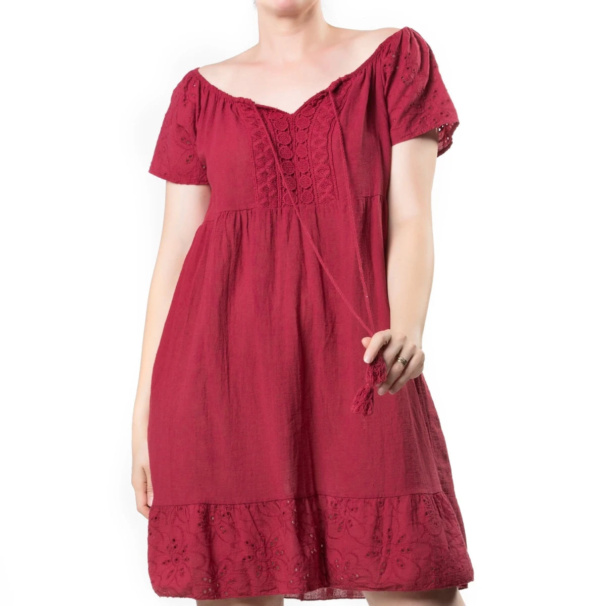 Vestido Boho Rojo de Algodón con Bordado Suizo - Crazyinlove