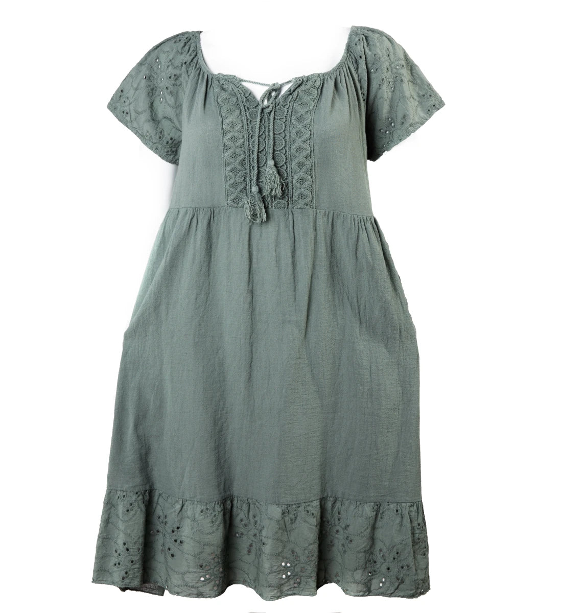 Vestido Boho Verde de Algodón con Bordado Suizo - Crazyinlove