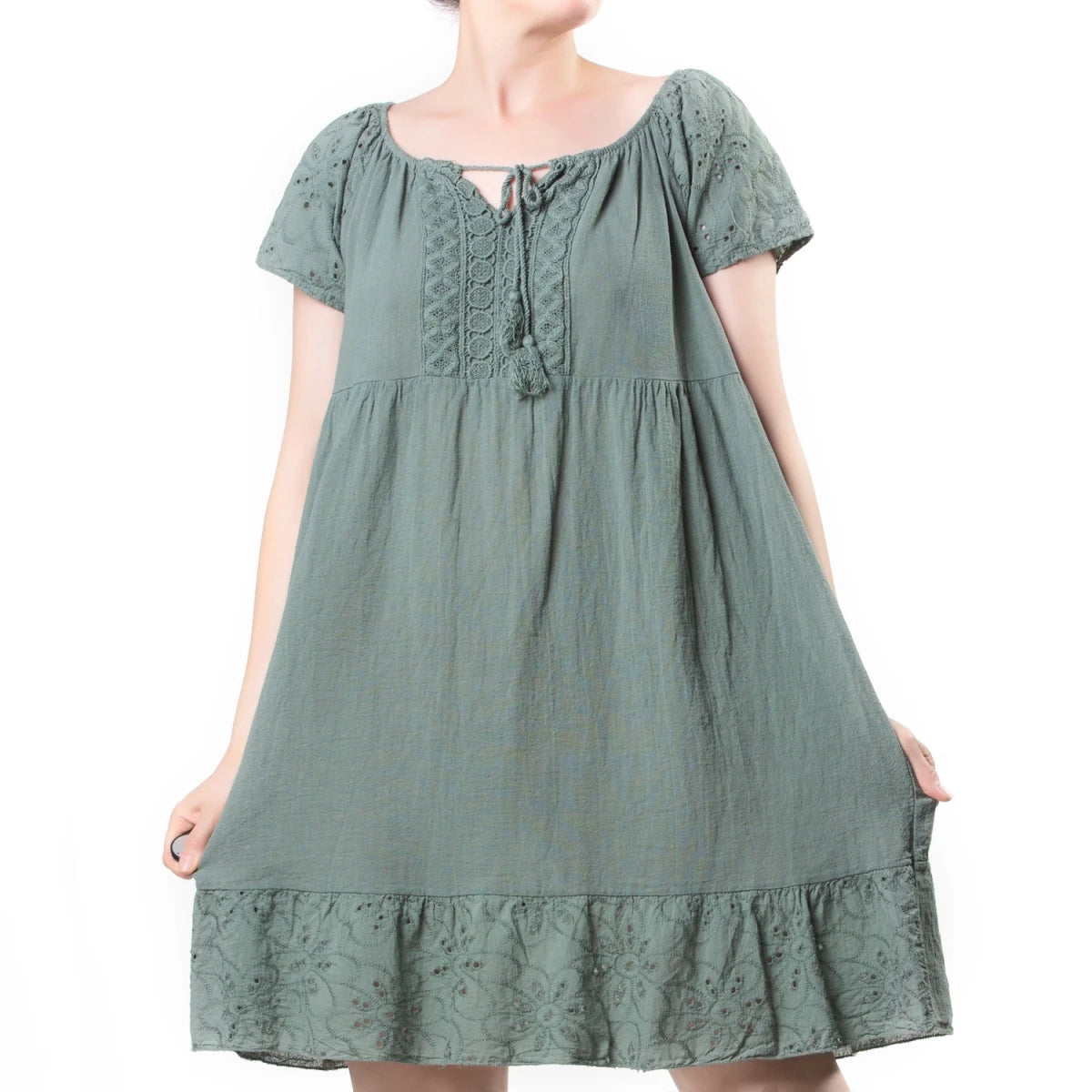 Vestido Boho Verde de Algodón con Bordado Suizo - Crazyinlove