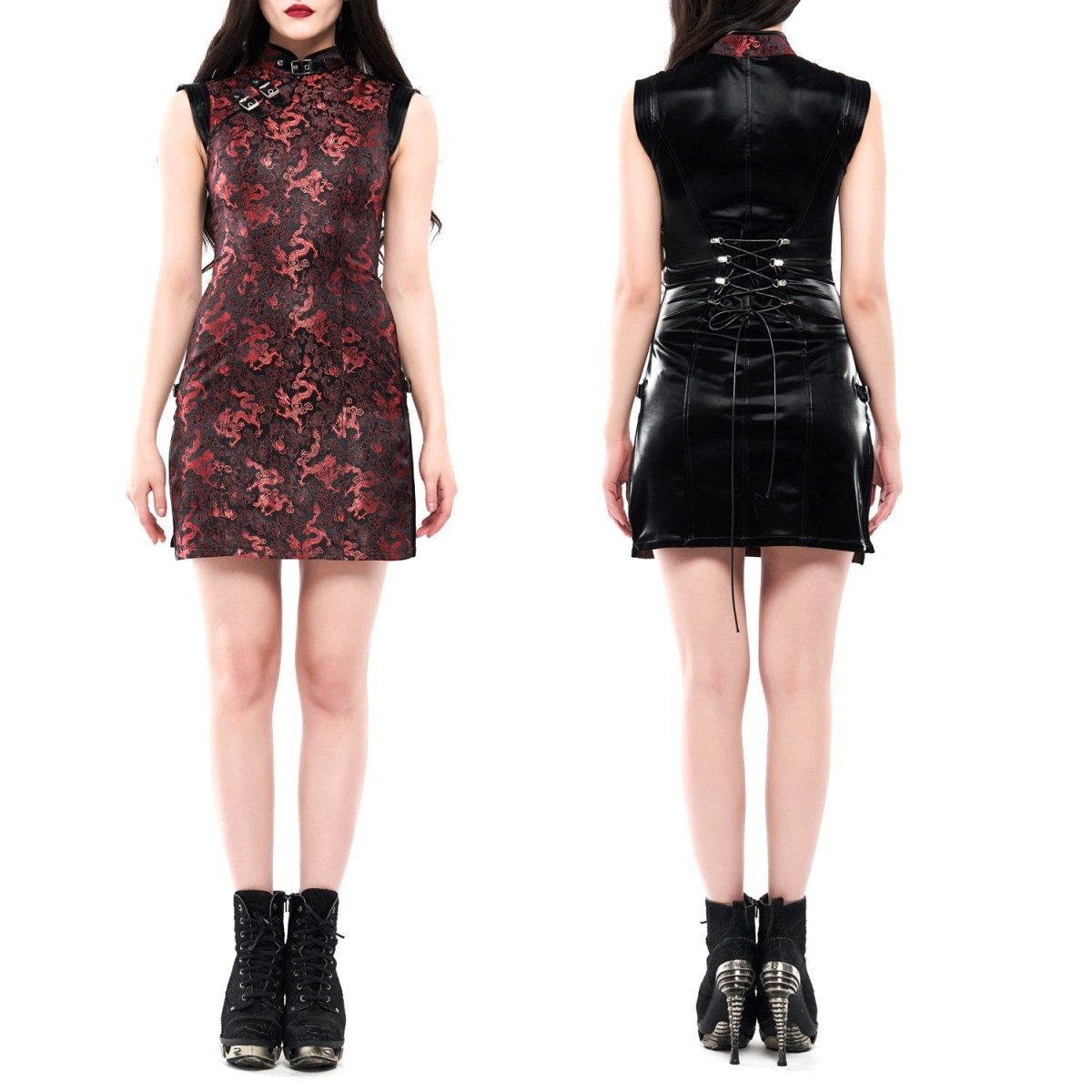 Vestido qipao rojo y negro, vista frontal y trasera con botines