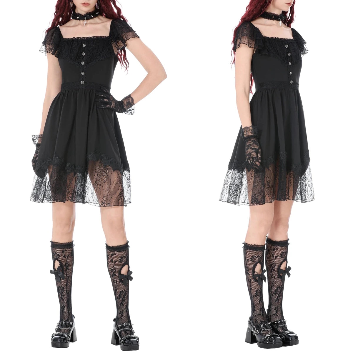 Vestido de Encaje con Botones y Lazada Trasera - Crazyinlove