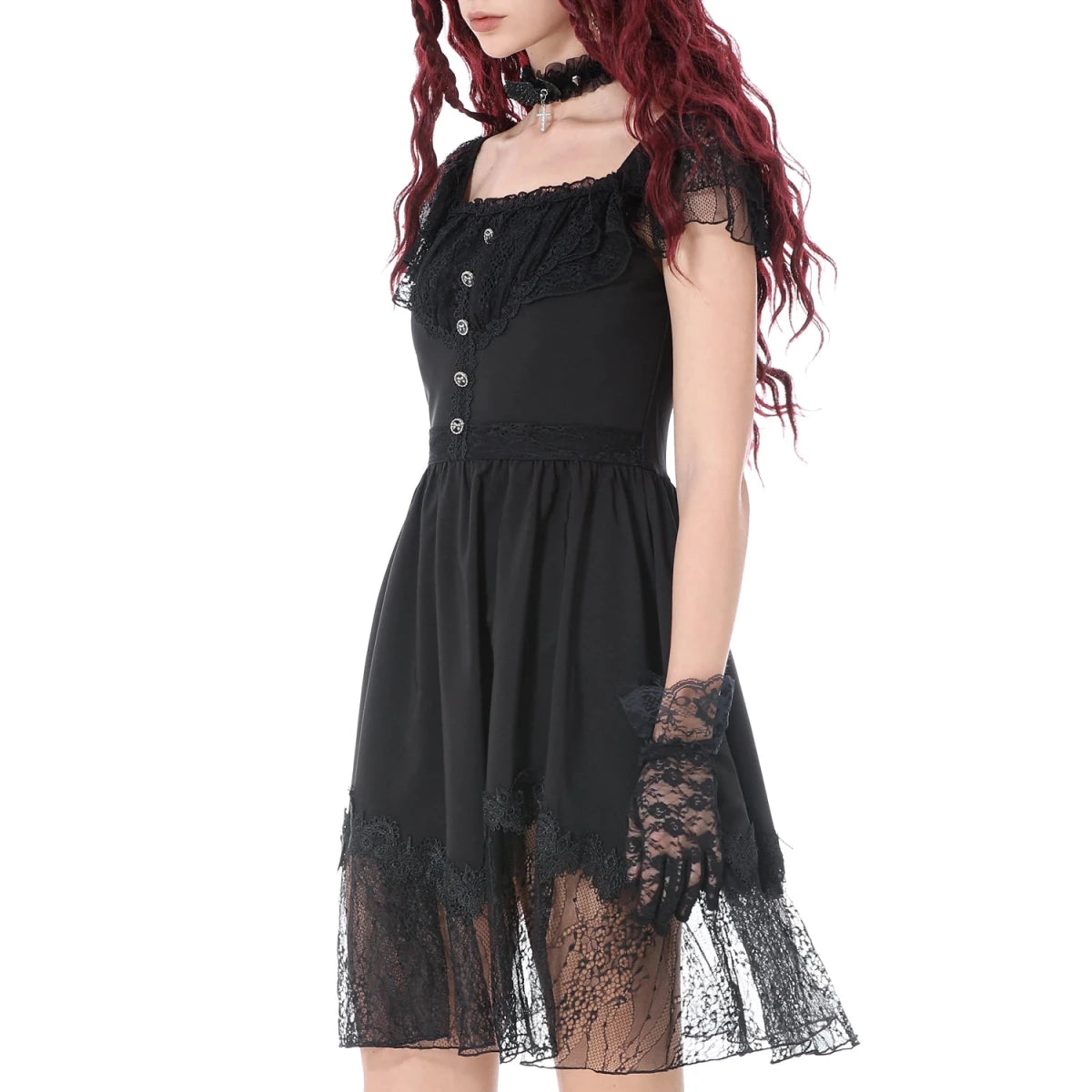 Vestido de Encaje con Botones y Lazada Trasera - Crazyinlove