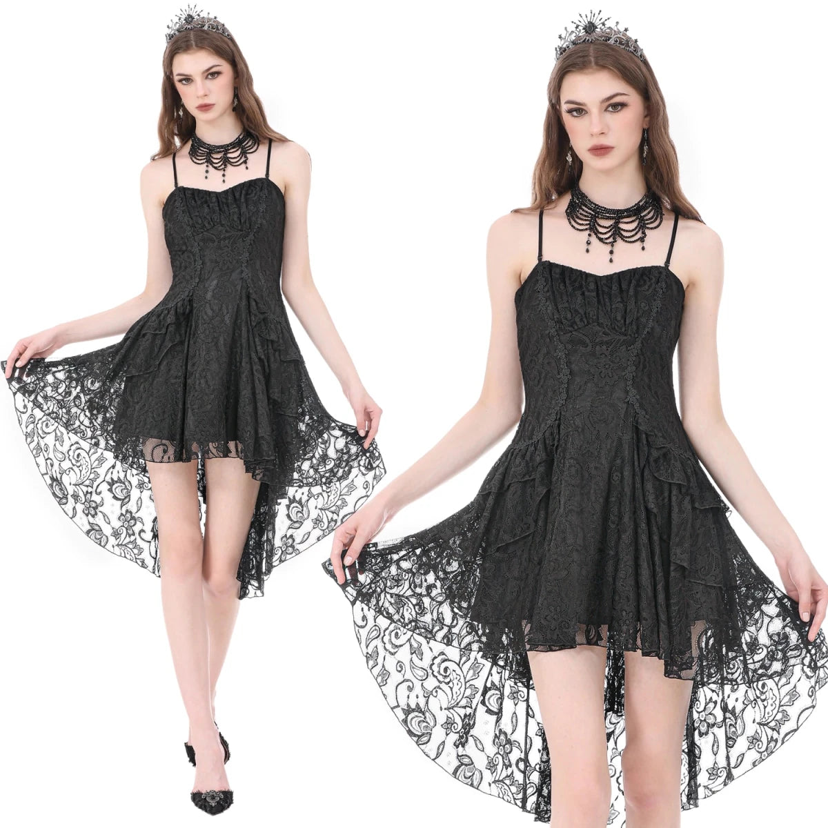 Vestido Gótico Asimétrico de Encaje con Espalda Corsé - Crazyinlove