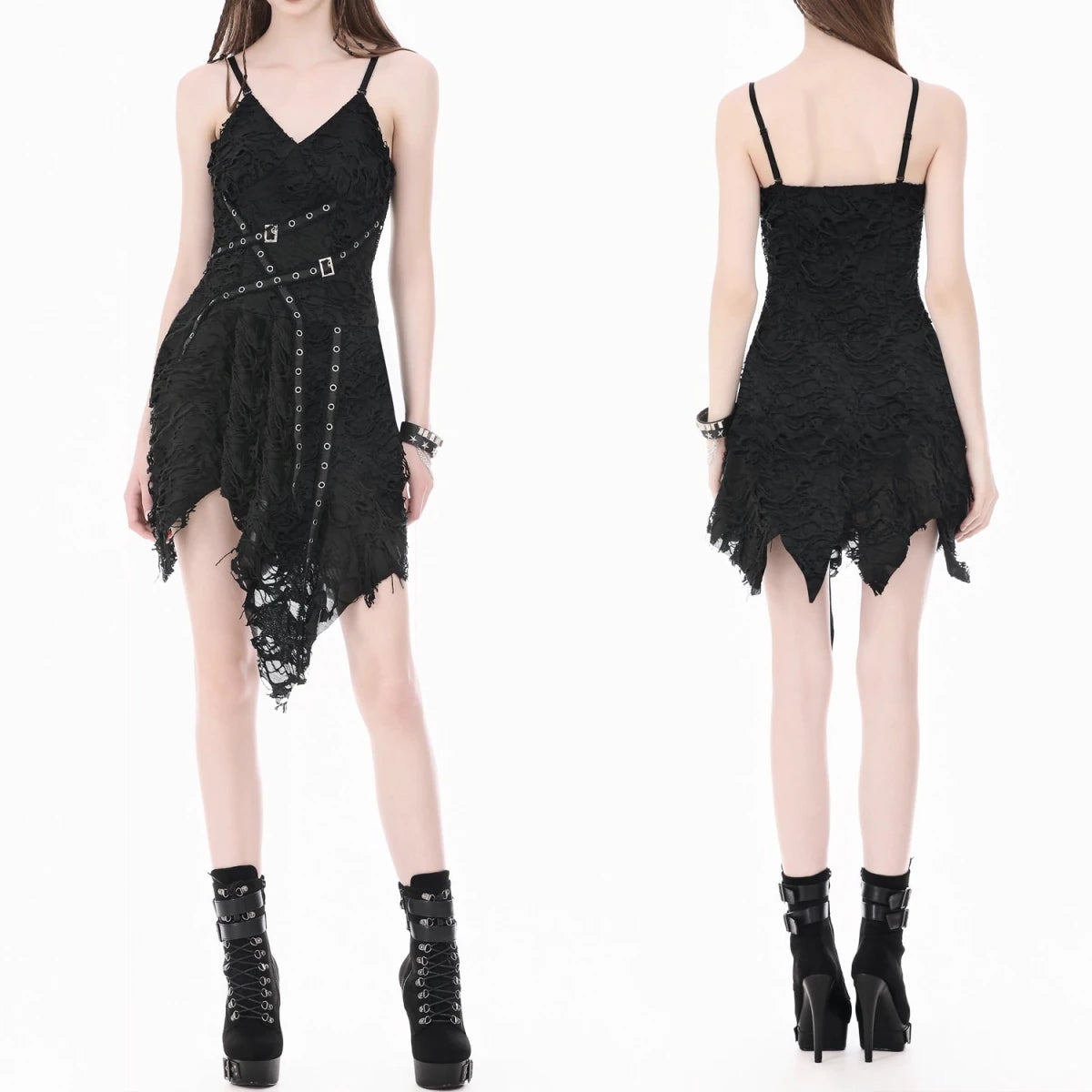 Vestido Gótico Asimétrico Roto con Correas y Hebillas - Crazyinlove