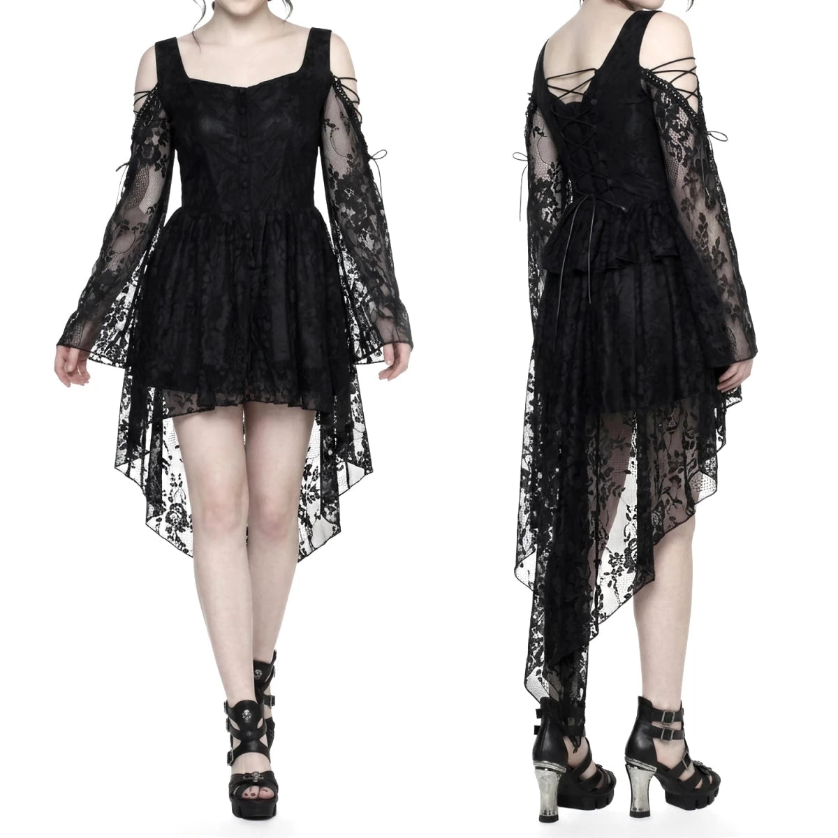 Vestido Gótico de Encaje Asimétrico con Espalda Corsé - Crazyinlove