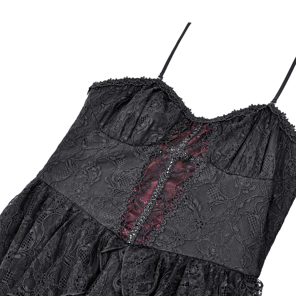 Vestido Gótico de Encaje con Bajo Asimétrico DW1215: detalle del escote de encaje con panel burdeos
