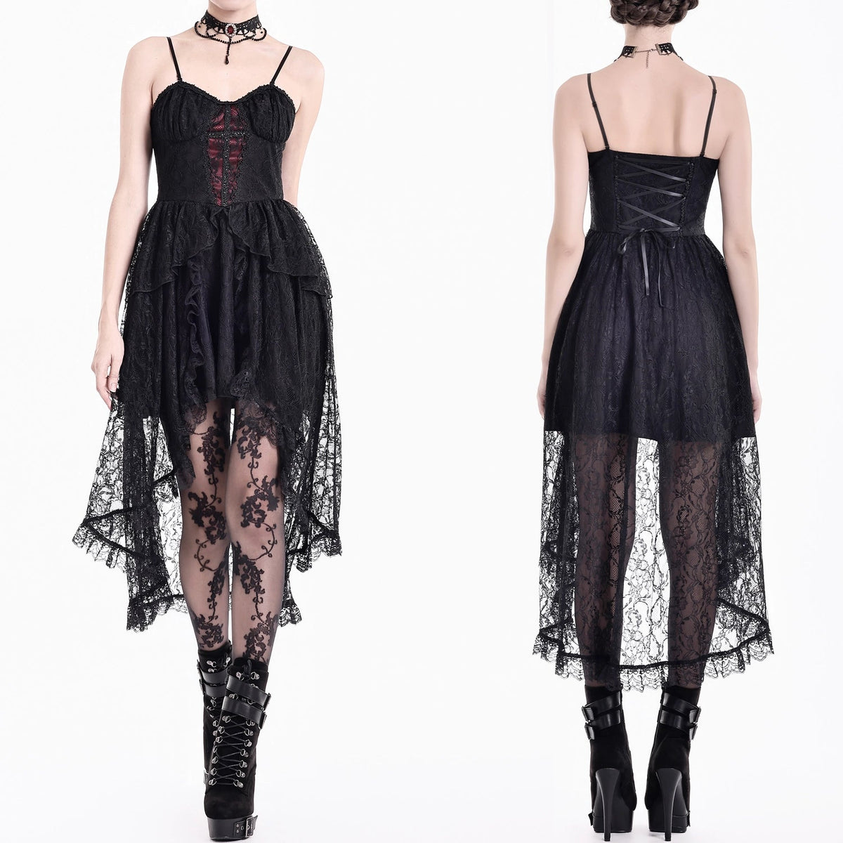 Vestido Gótico de Encaje con Bajo Asimétrico DW1215 por delante y por detrás en modelo