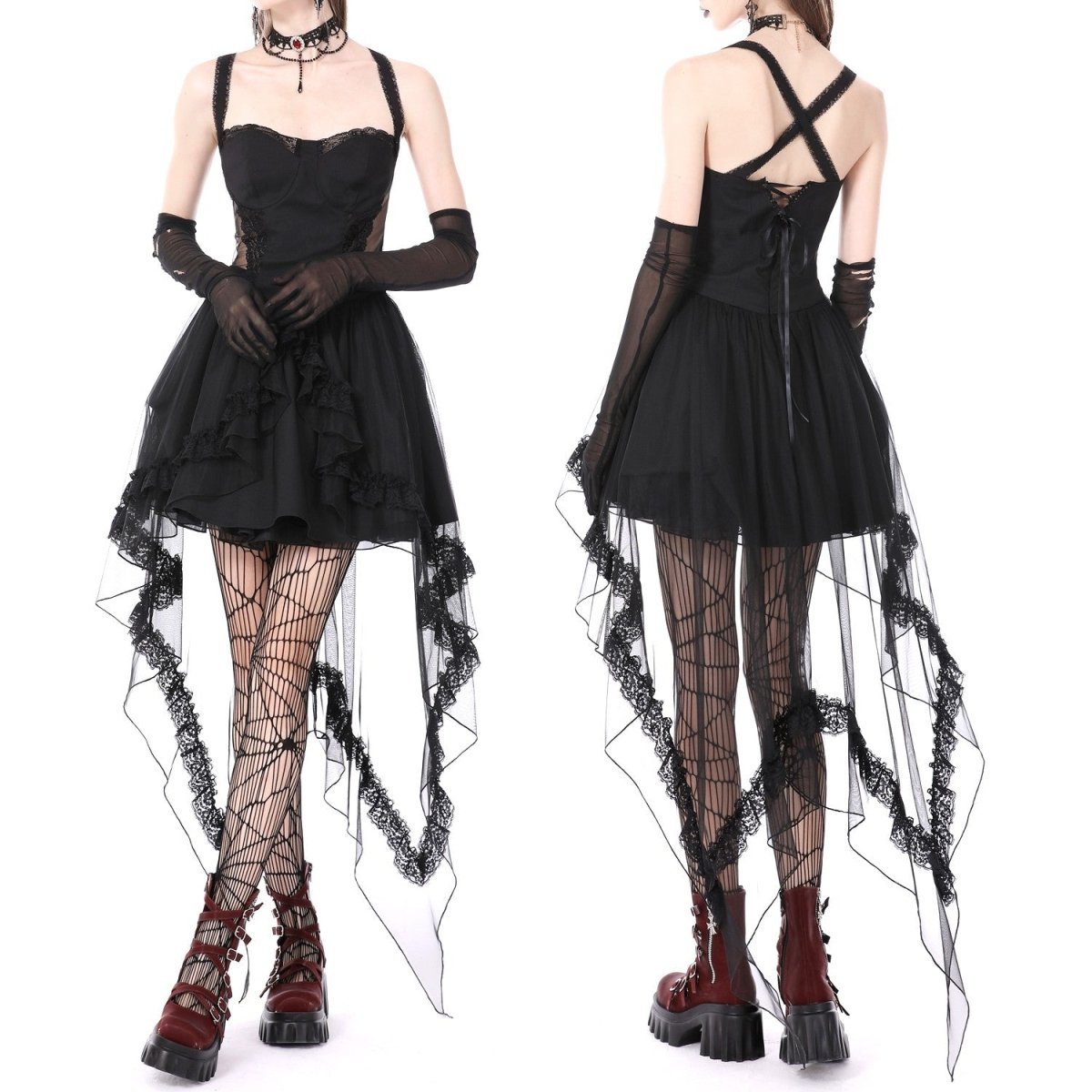 Vestido halter negro de frente y de espalda con tirantes cruzados