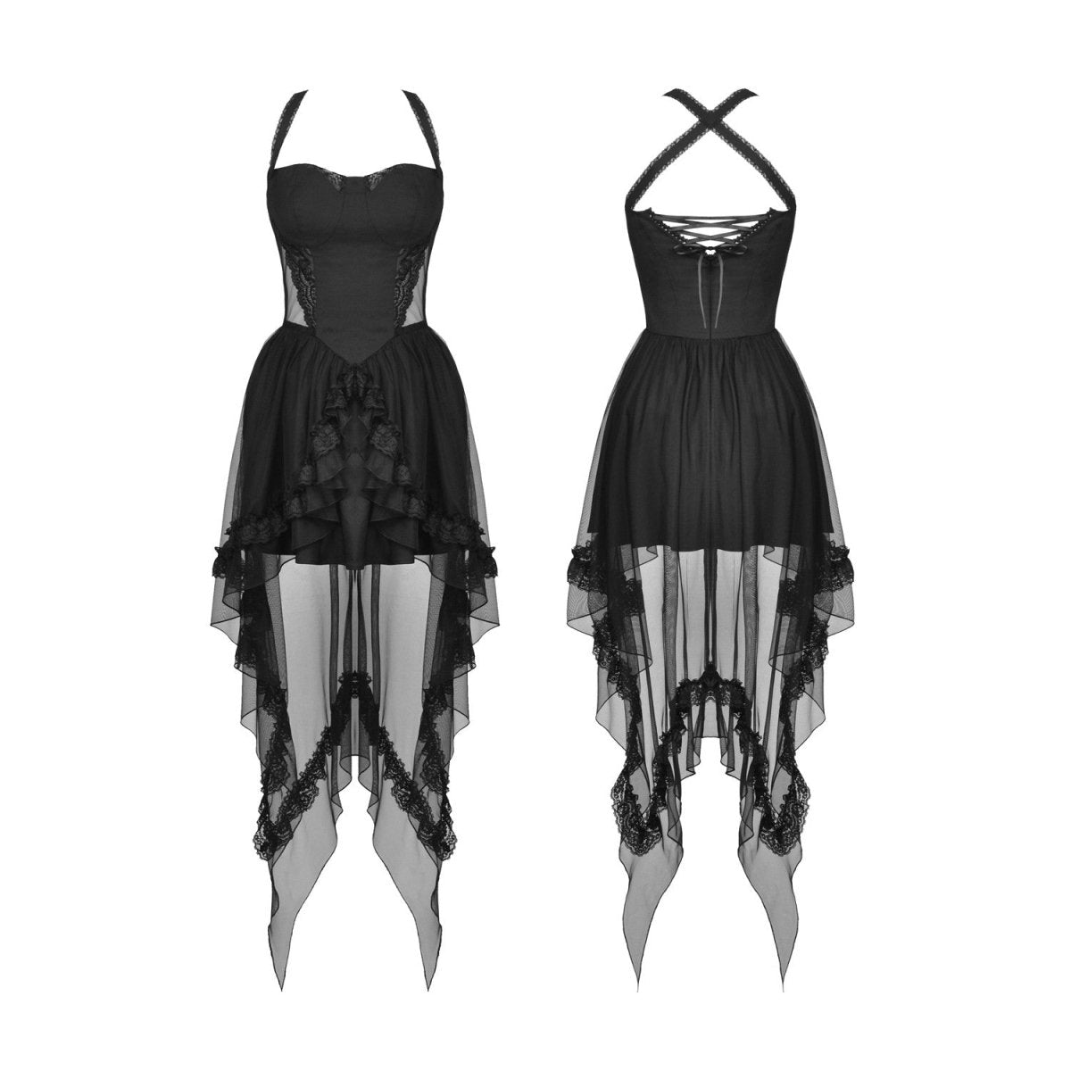 Vestido corto de tul negro sin modelo, delante y detrás