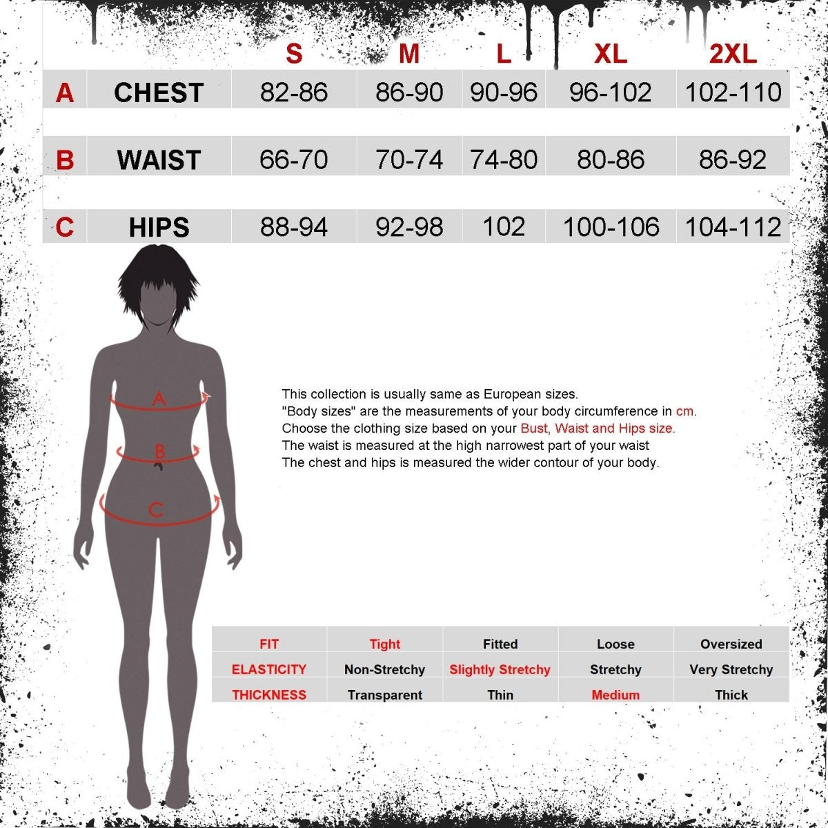 Tabla de medidas del vestido en inglés