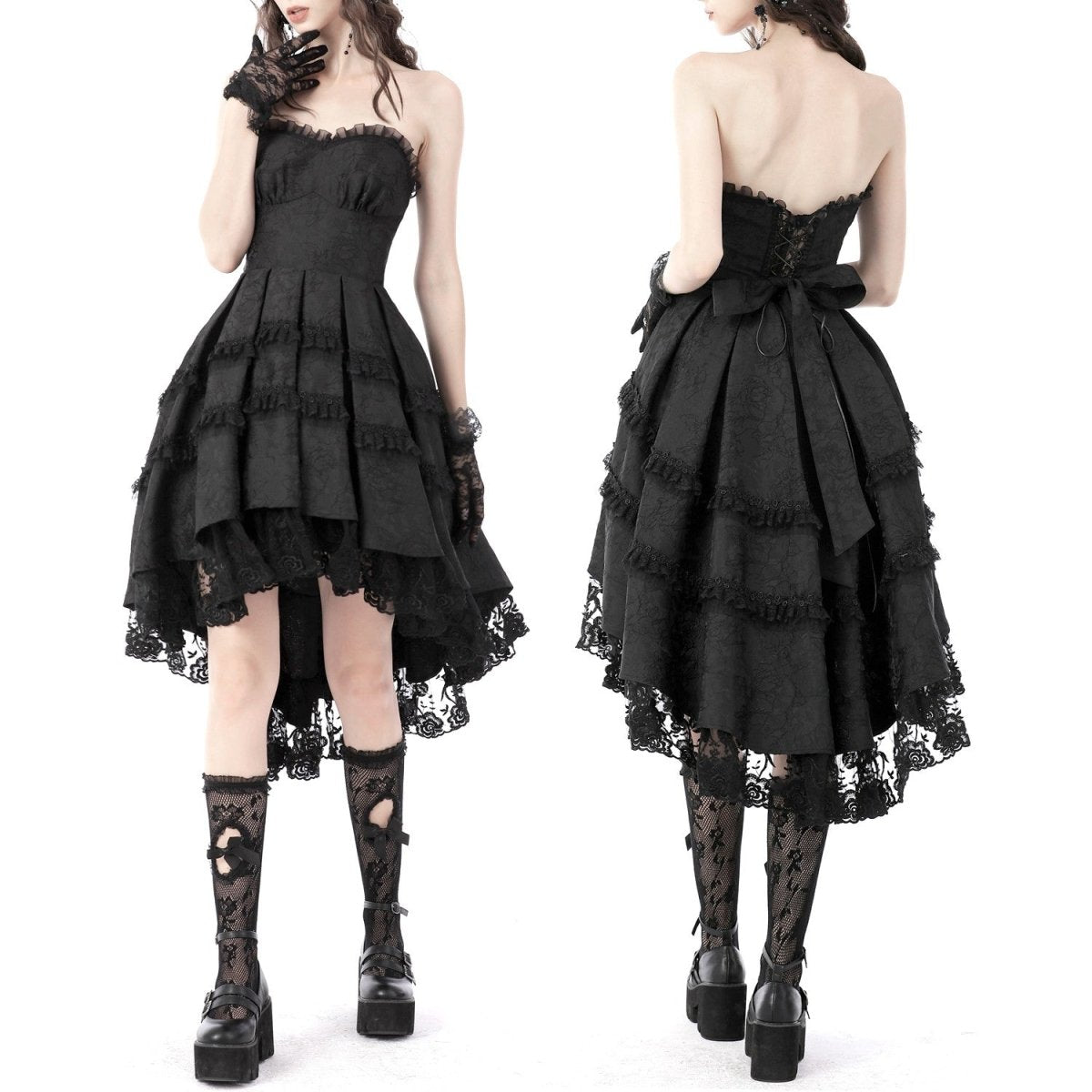 Vestido Gótico Negro de Encaje y Brocado con Lazo - Crazyinlove