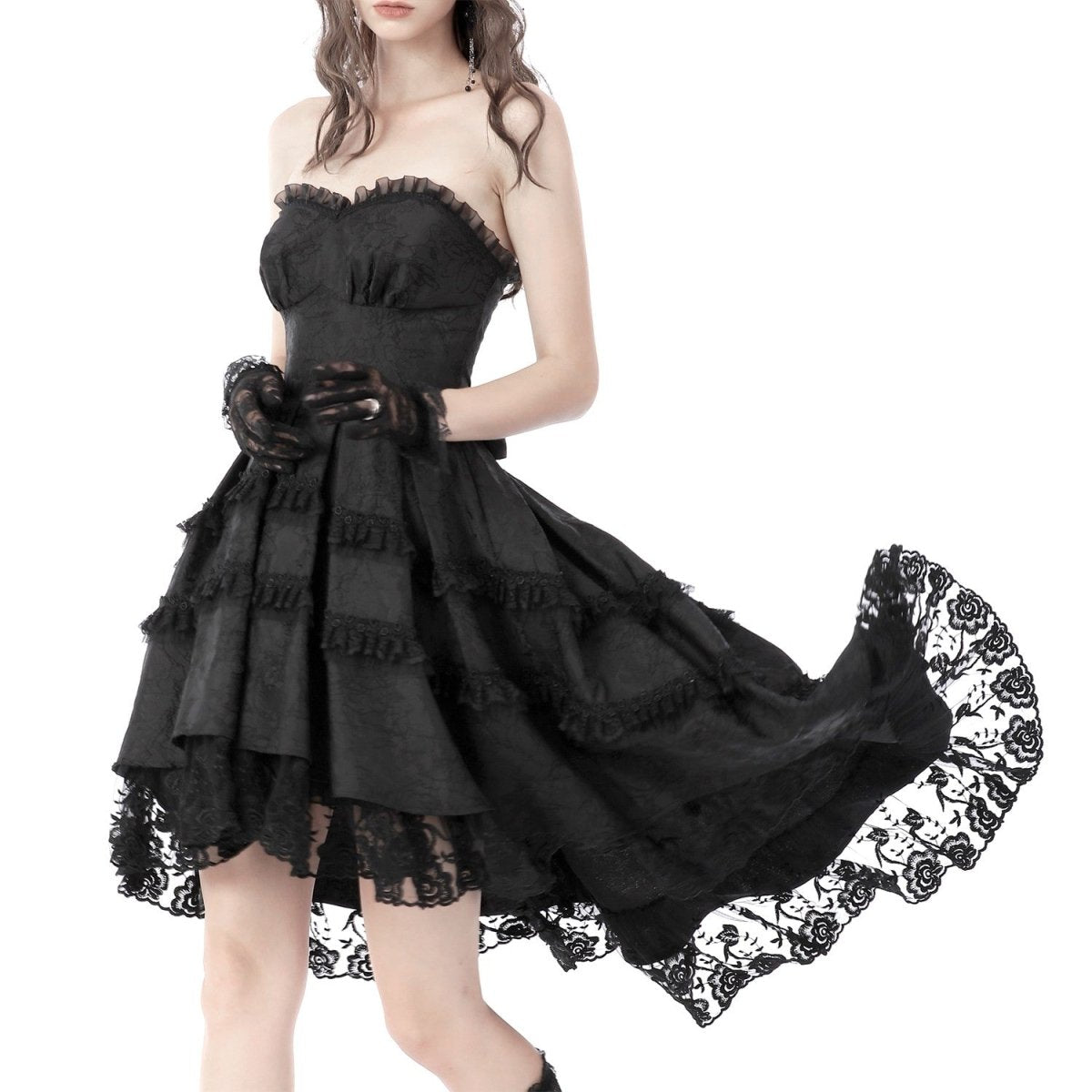 Vestido Gótico Negro de Encaje y Brocado con Lazo - Crazyinlove