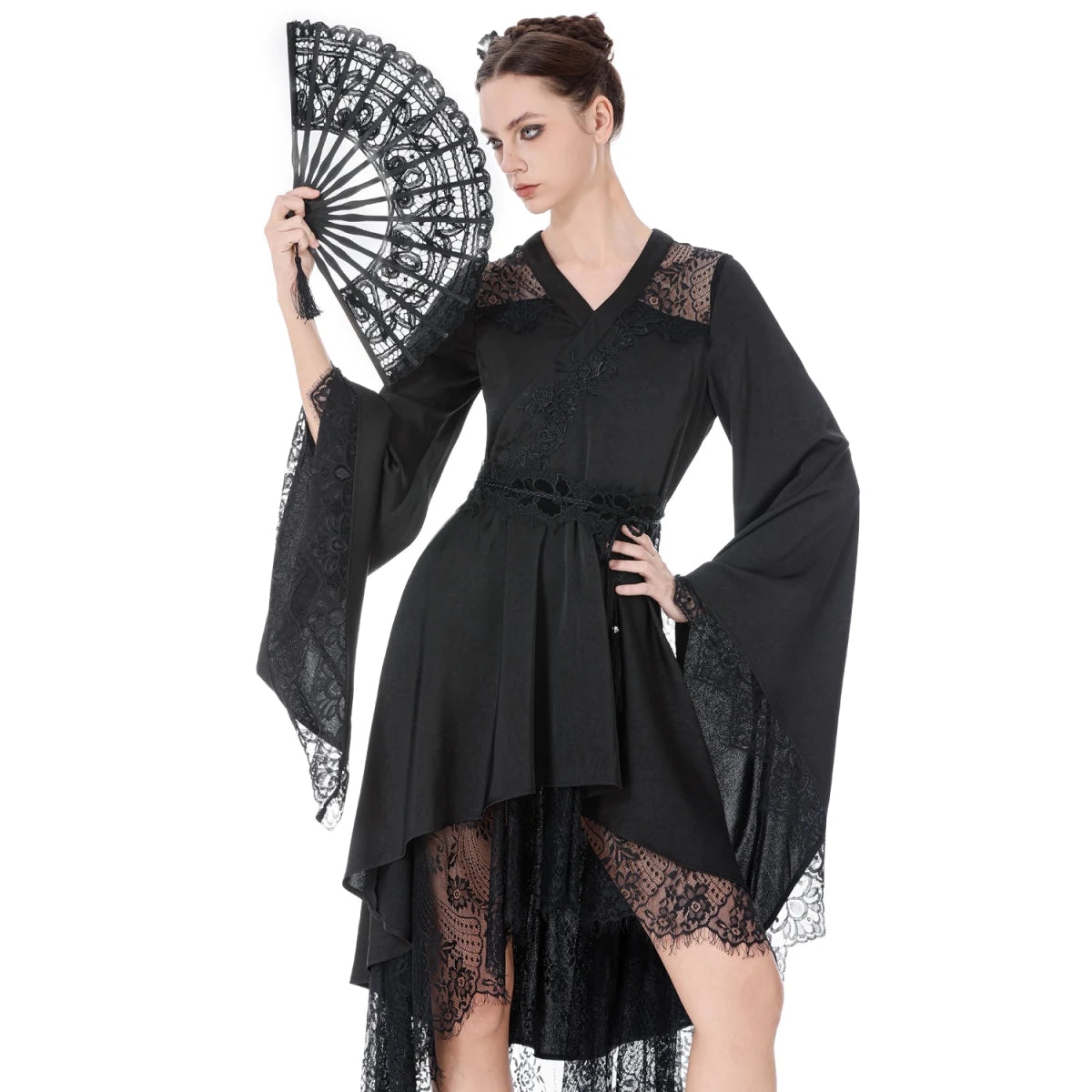 Vestido Kimono Asimétrico con Encaje y Flecos - Crazyinlove