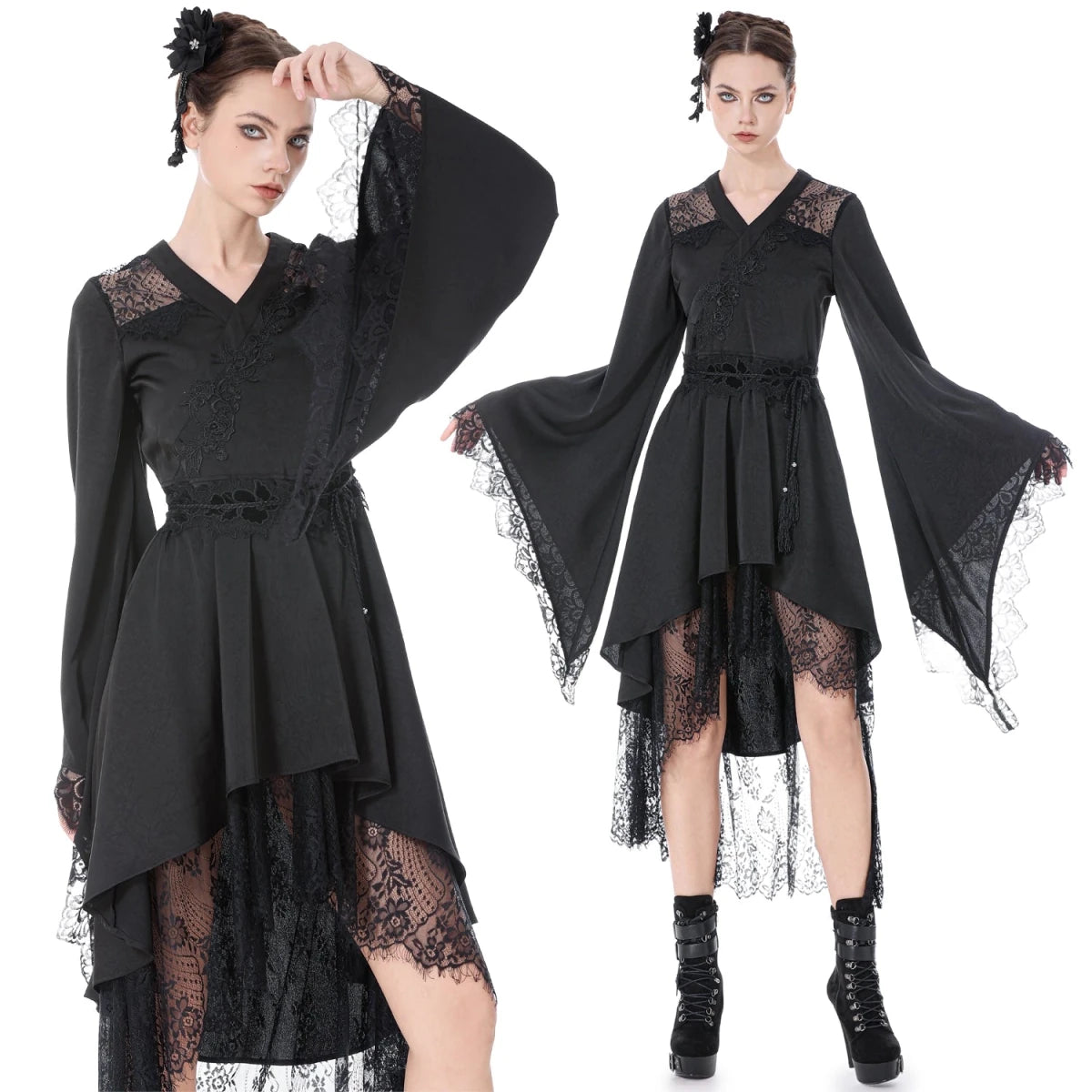 Vestido Kimono Asimétrico con Encaje y Flecos - Crazyinlove