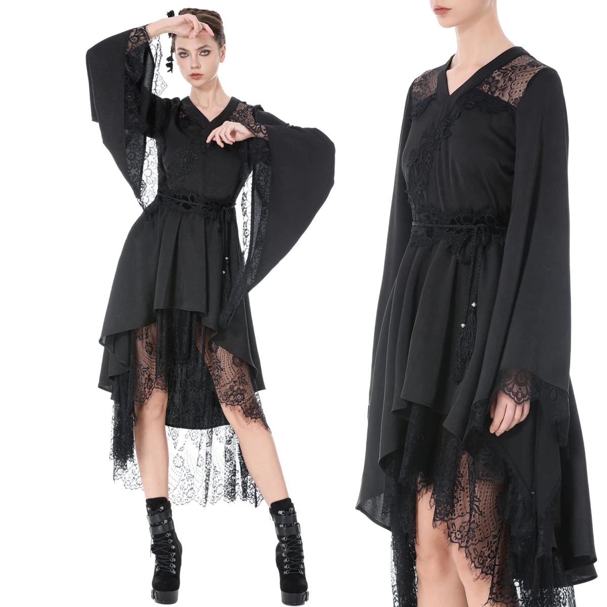 Vestido Kimono Asimétrico con Encaje y Flecos - Crazyinlove