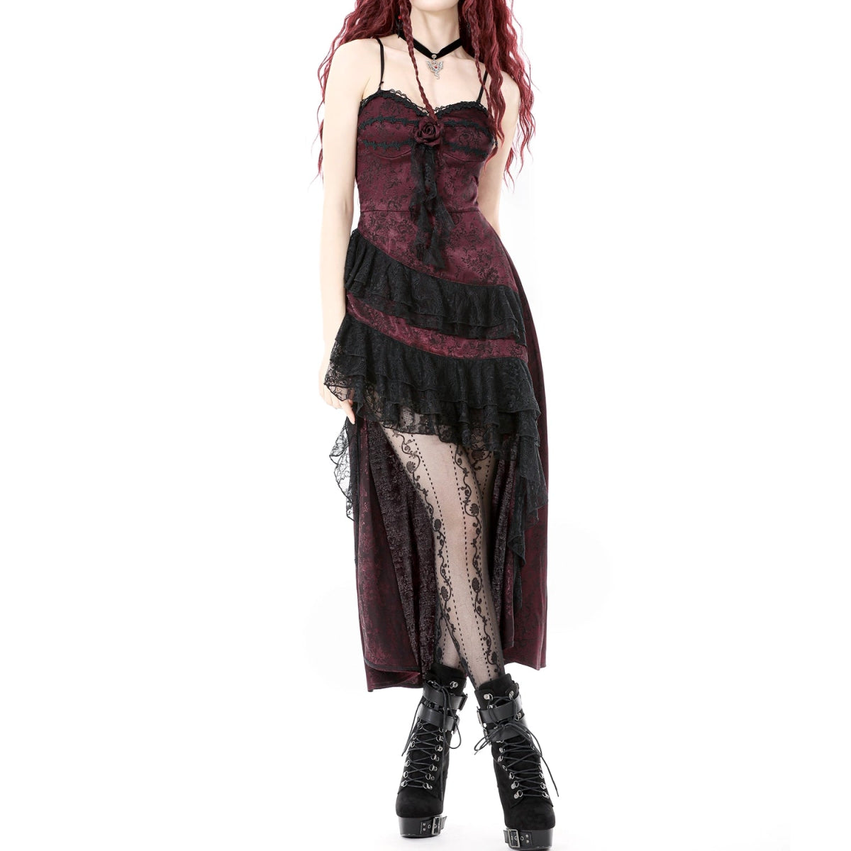 Vestido Largo Burdeos Gótico | Volantes Asimétricos - Crazyinlove