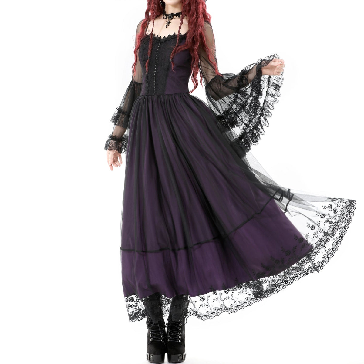 Vestido Largo Gótico Morado | Mangas de Campana - Crazyinlove