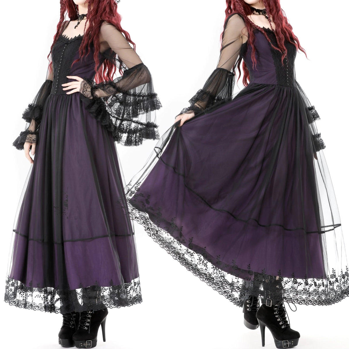 Vestido Largo Gótico Morado | Mangas de Campana - Crazyinlove