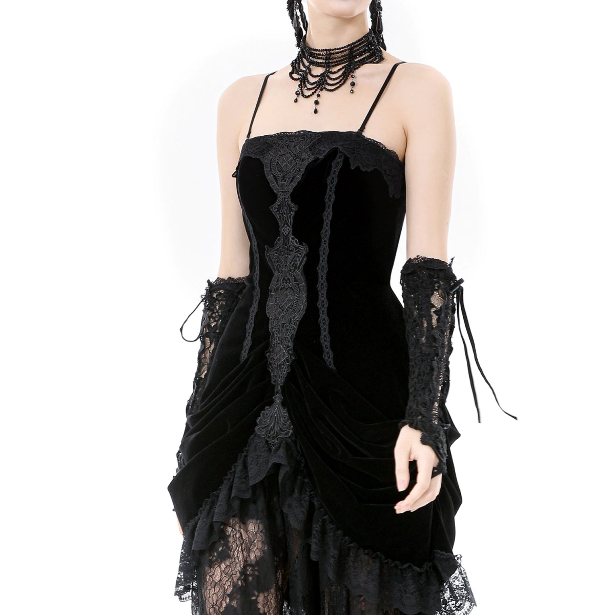 Vestido Largo GĂłtico Negro Terciopelo y Encaje - Crazyinlove