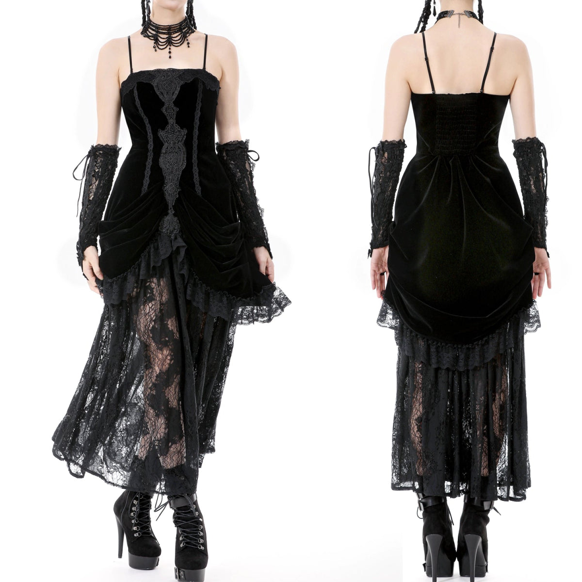 Vestido Largo GĂłtico Negro Terciopelo y Encaje - Crazyinlove