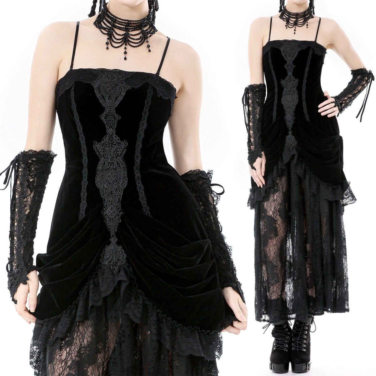 Vestido Largo Gótico Negro Terciopelo y Encaje - Crazyinlove