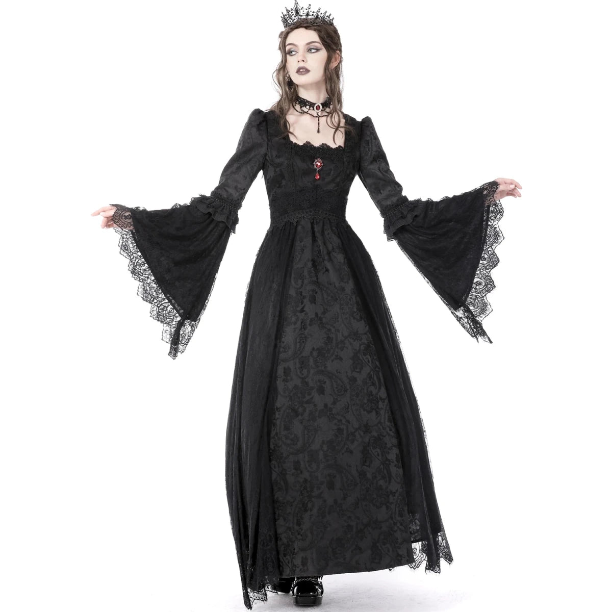 Vestido Medieval Largo de Brocado y Gema Roja - Crazyinlove