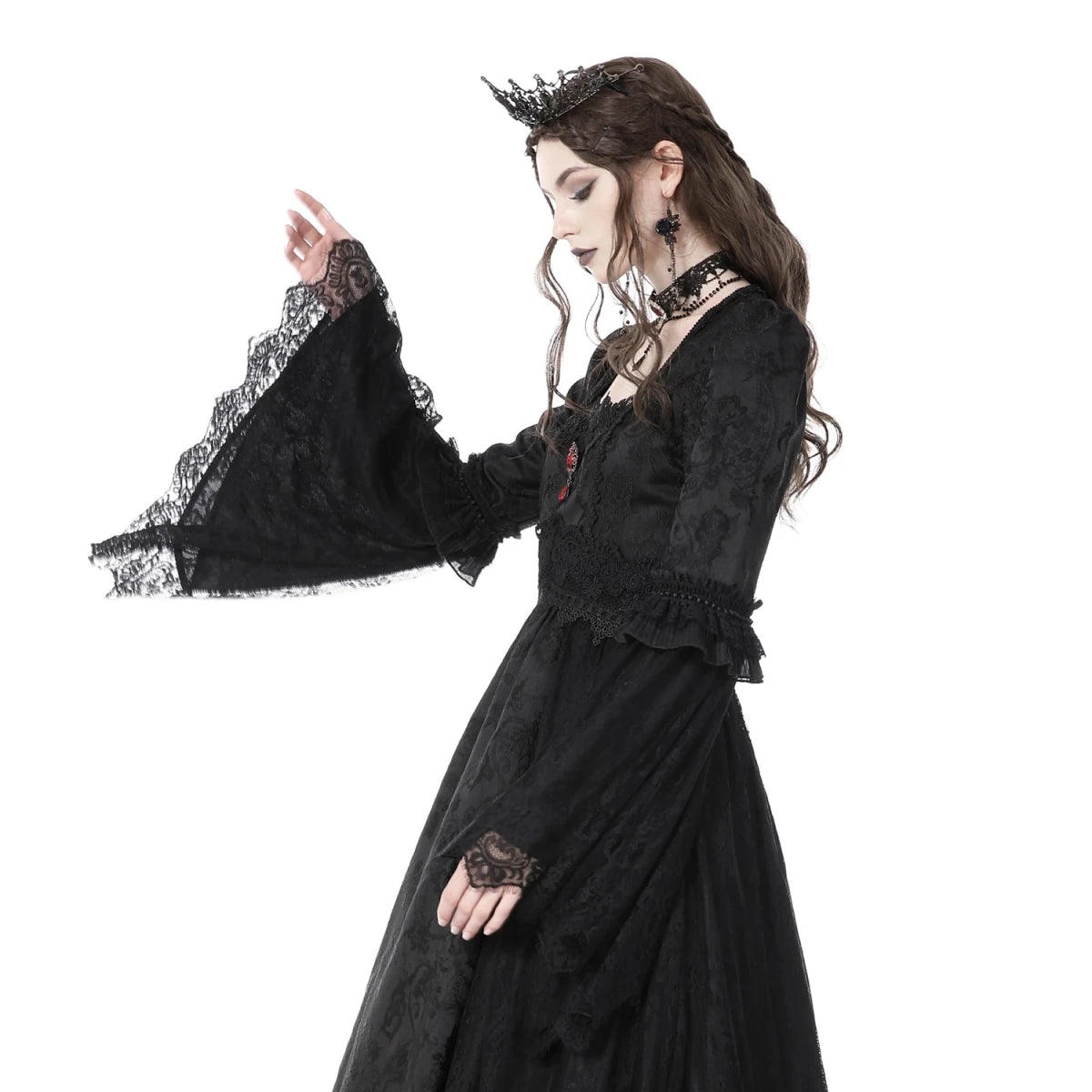 Vestido Medieval Largo de Brocado y Gema Roja - Crazyinlove