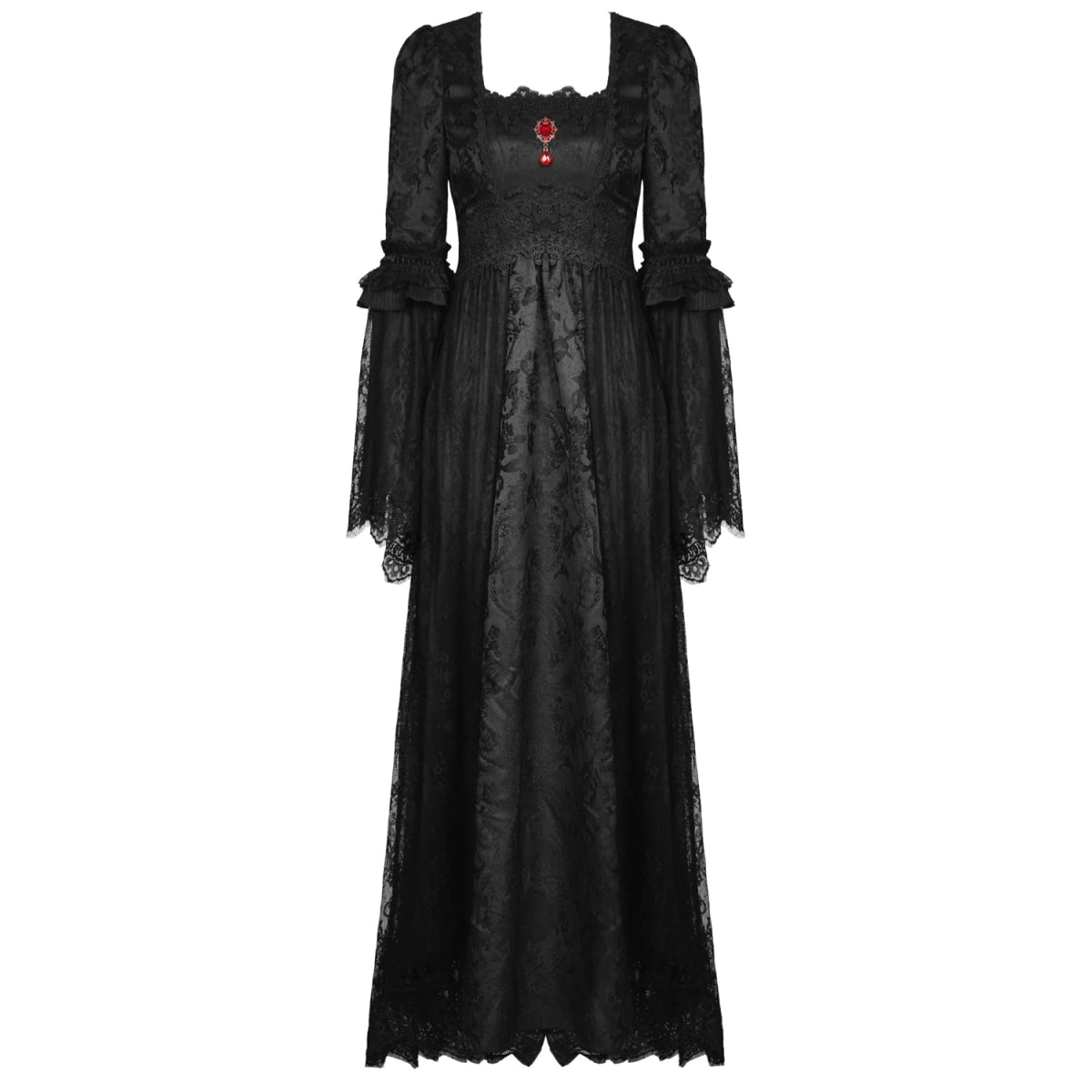 Vestido Medieval Largo de Brocado y Gema Roja - Crazyinlove