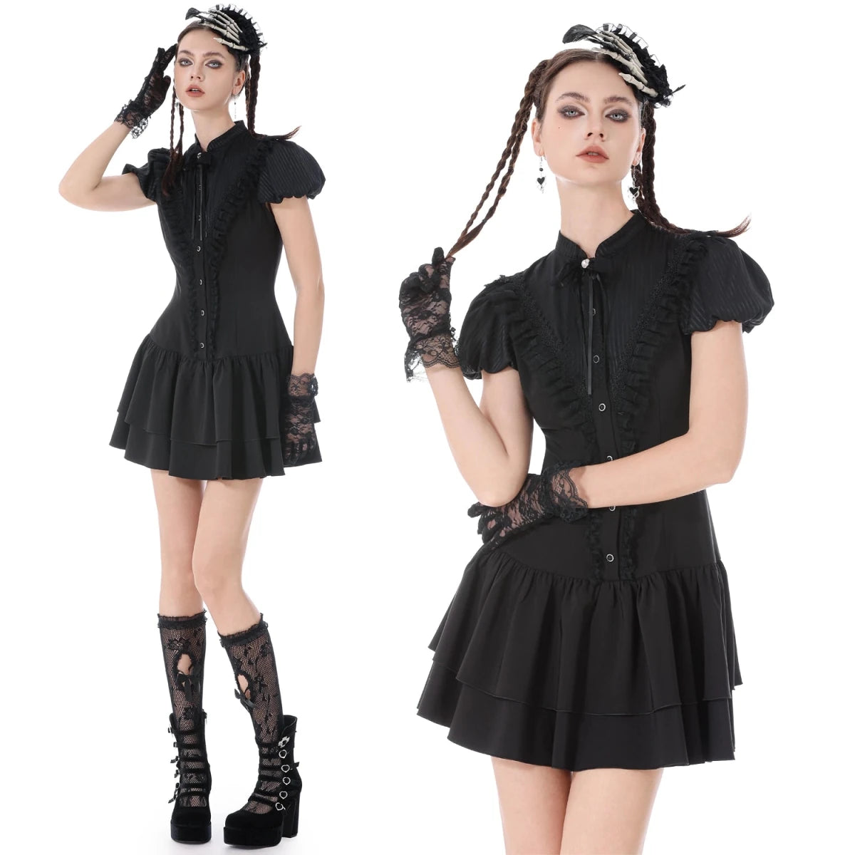 Vestido Mini con Pechera de Volantes y Lazos - Crazyinlove