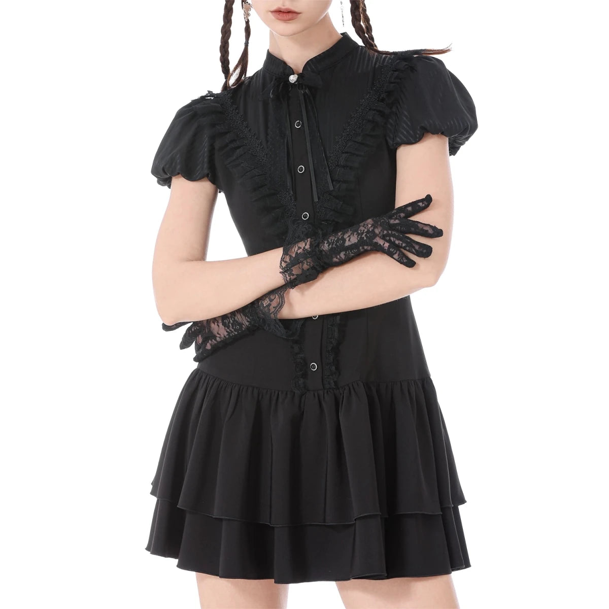 Vestido Mini con Pechera de Volantes y Lazos - Crazyinlove