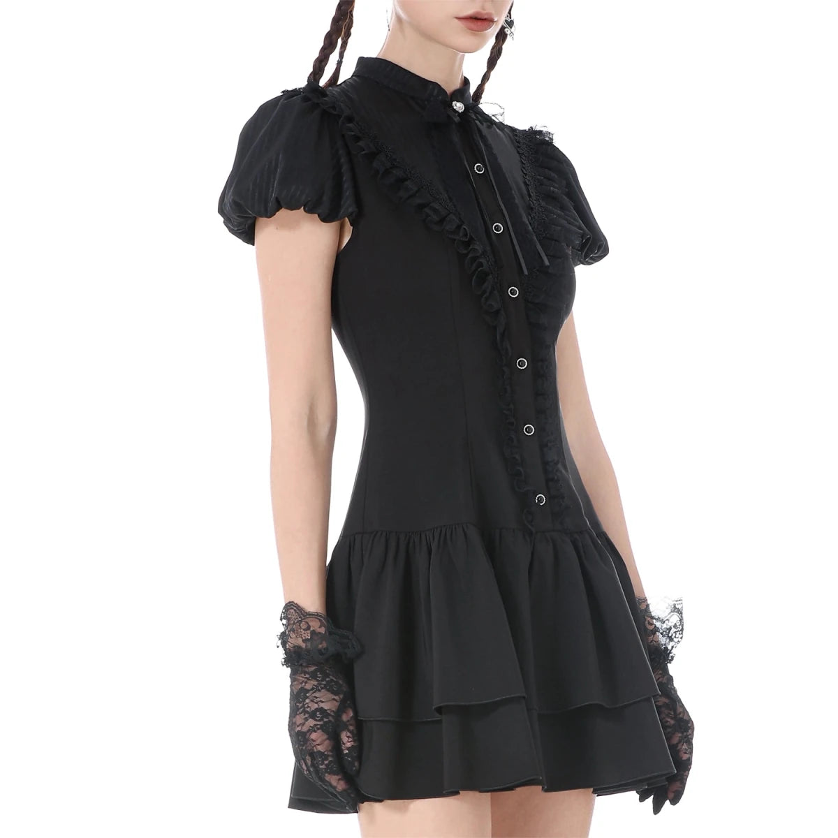 Vestido Mini con Pechera de Volantes y Lazos - Crazyinlove